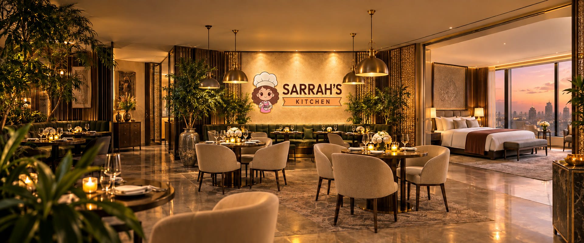 Sarrah’s Kitchen logo in a warm restaurant and bedroom composition at sunset